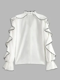Online Contrast Binding Ruffle Thin Blouse Tops