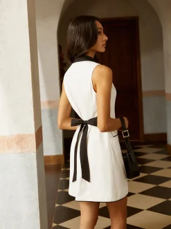 Best Contrast Binding Sleeveless Button Bow Short Dress White Dresses|Casual Dresses