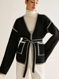 Discount Contrast Binding Split Cardigan With Belt Cardigans|Sweaters & Cardigans