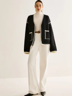 Discount Contrast Binding Split Cardigan With Belt Cardigans|Sweaters & Cardigans