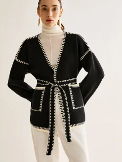 Discount Contrast Binding Split Cardigan With Belt Cardigans|Sweaters & Cardigans