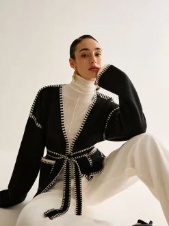 Discount Contrast Binding Split Cardigan With Belt Cardigans|Sweaters & Cardigans