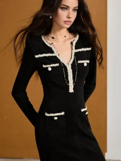 Online Contrast Binding Tweed Slim Dress Dresses