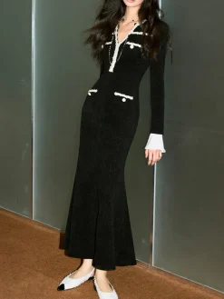 Online Contrast Binding Tweed Slim Dress Dresses