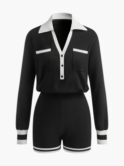 Online Contrast Binding V-Neck Knit Jumpsuits Black Dresses|Jumpsuits & Rompers