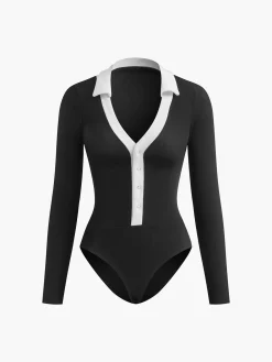 Best Contrast Binding V-Neck Long Sleeve Bodysuit Bodysuits|Tops