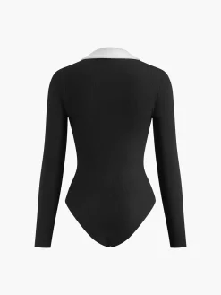 Best Contrast Binding V-Neck Long Sleeve Bodysuit Bodysuits|Tops