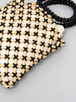 New Contrast Binding Wood-Bead Woven Handbag Bags|Accessories