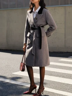 Contrast Collar Belted Tweed Coat Outerwear|Coats