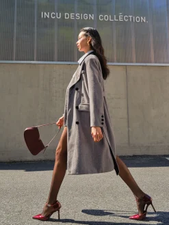 Contrast Collar Belted Tweed Coat Outerwear|Coats