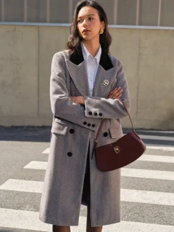Contrast Collar Belted Tweed Coat Outerwear|Coats