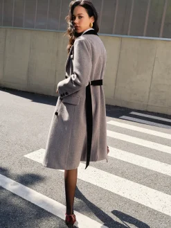 Contrast Collar Belted Tweed Coat Outerwear|Coats