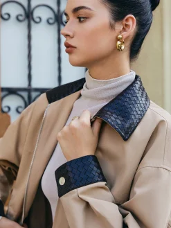 Sale Contrast Collar Drawstring Faux Leather Jacket Outerwear|Jackets