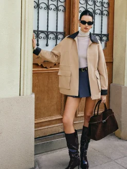 Sale Contrast Collar Drawstring Faux Leather Jacket Outerwear|Jackets