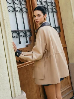 Sale Contrast Collar Drawstring Faux Leather Jacket Outerwear|Jackets
