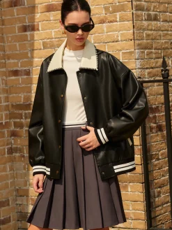 Clearance Contrast Collar PU Leather Bomber Jacket Outerwear|Jackets
