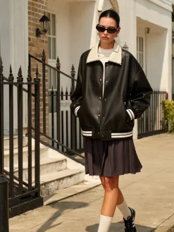 Clearance Contrast Collar PU Leather Bomber Jacket Outerwear|Jackets