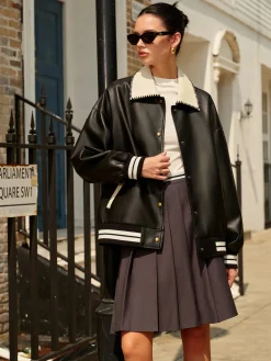 Clearance Contrast Collar PU Leather Bomber Jacket Outerwear|Jackets