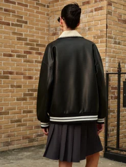 Clearance Contrast Collar PU Leather Bomber Jacket Outerwear|Jackets