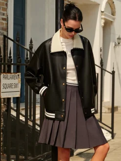 Clearance Contrast Collar PU Leather Bomber Jacket Outerwear|Jackets