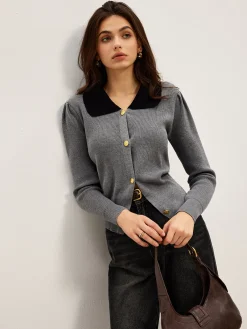 Sale Contrast Collar Slim Button Cardigan Cardigans|Sweaters & Cardigans