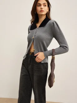 Sale Contrast Collar Slim Button Cardigan Cardigans|Sweaters & Cardigans