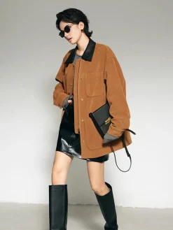 Discount Contrast Collar Suede Blazer Outerwear|Blazers
