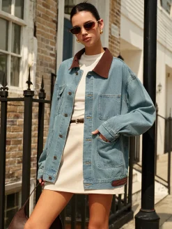 Clearance Contrast Collar Versatile Denim Jacket Outerwear|Jackets