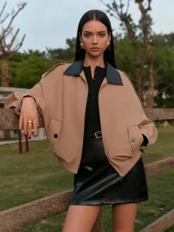 Hot Contrast Collar Zipper Jacket Outerwear|Tops