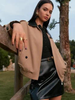 Hot Contrast Collar Zipper Jacket Outerwear|Tops