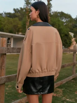 Hot Contrast Collar Zipper Jacket Outerwear|Tops