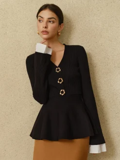 Discount Contrast Cuff Ruffle Knit Top Sweater Tops|Sweaters & Cardigans