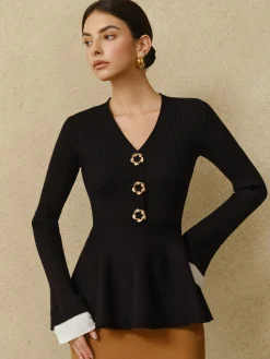 Discount Contrast Cuff Ruffle Knit Top Sweater Tops|Sweaters & Cardigans