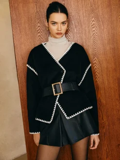 Outlet Contrast Embroidered Trim Tweed Coat Outerwear|Tops