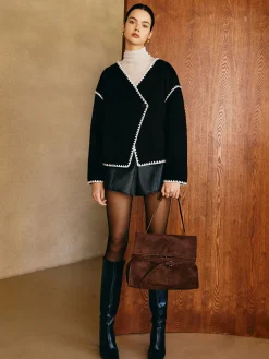 Outlet Contrast Embroidered Trim Tweed Coat Outerwear|Tops