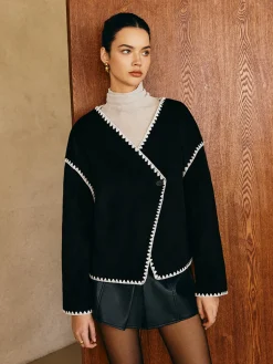 Outlet Contrast Embroidered Trim Tweed Coat Outerwear|Tops