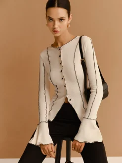 Online Contrast Lettuce Trim Button Slit Top Tops