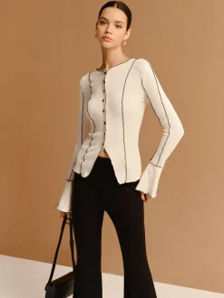 Online Contrast Lettuce Trim Button Slit Top Tops