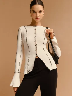 Online Contrast Lettuce Trim Button Slit Top Tops