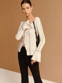 Online Contrast Lettuce Trim Button Slit Top Tops