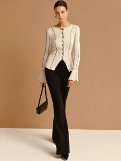 Online Contrast Lettuce Trim Button Slit Top Tops
