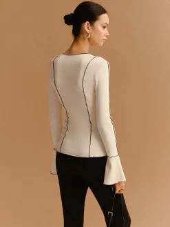 Online Contrast Lettuce Trim Button Slit Top Tops