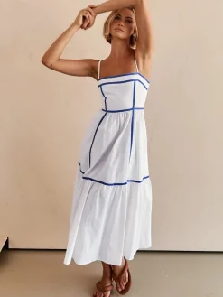 Discount Contrast Line Decor Cami Long Dress White Dresses|Casual Dresses