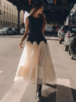 Online Contrast Petal Waist Midi Dress Black Dresses|Work Dresses