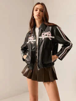 Best Contrast Pinstripe PU Leather Jacket Outerwear|Tops