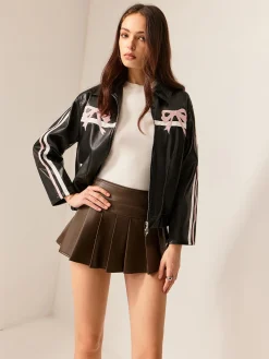 Best Contrast Pinstripe PU Leather Jacket Outerwear|Tops