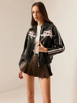 Best Contrast Pinstripe PU Leather Jacket Outerwear|Tops