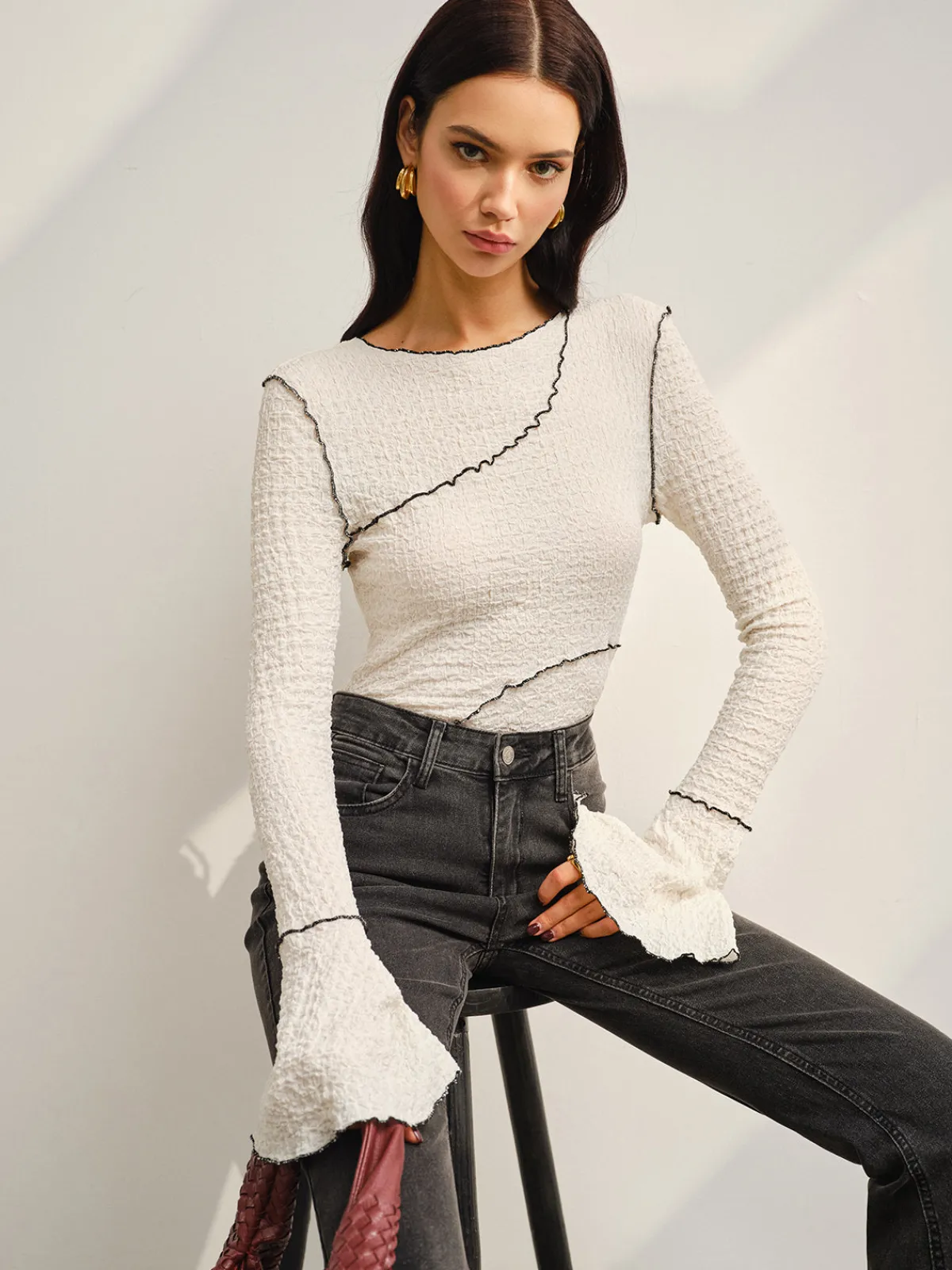 New Contrast Piping Bell Sleeve T-Shirt T-shirts|Tops