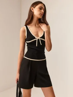 Clearance Contrast Piping Bow Slim Knit Top Sweater Tops|Sweaters & Cardigans