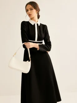 New Contrast Piping Long Sleeve Lapel Dress Black Dresses|Casual Dresses